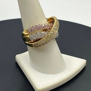 Ross Simon Sterling Three‎ Pave Pink Yellow Clear Cross Over Highway Ring 8.25